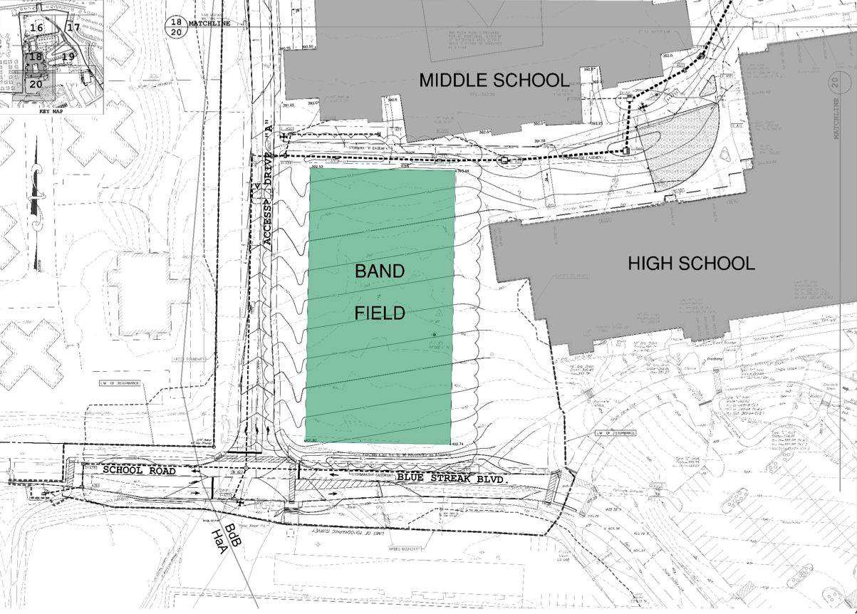 Map showing location of Band Field relative to High School and Middle School